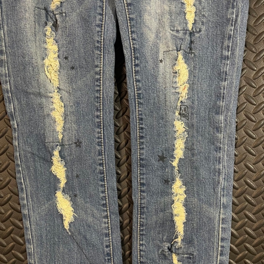 Black Crystal Blue Light Washed Distressed Denim Mid Rise Skinny Jeans Women‎ 9 - Picture 7 of 12